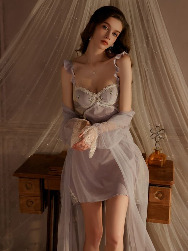 Velvet pajamas, sweet sling nightdress, see-through mesh nightdress set